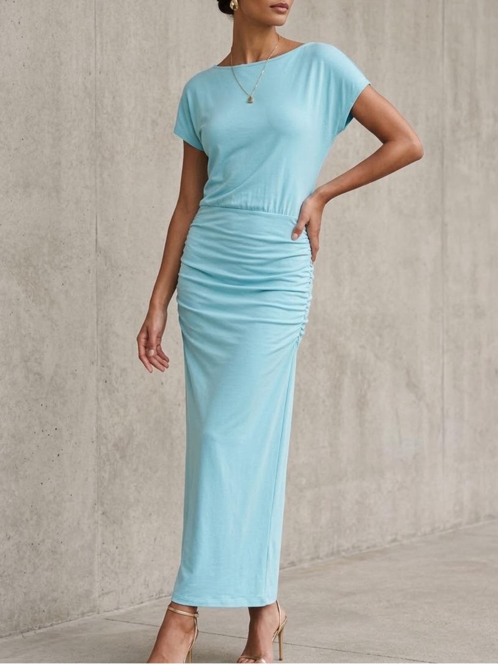 Victoria's Secret Turquoise Ruched Modal Maxi Dress Small Short Sleeve Boat Neck